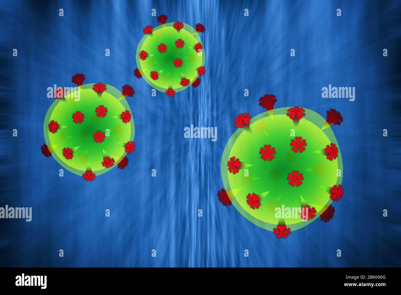 Das Kovid-19-Coronavirus - Abbildungen, die eine stilisierte Zusammensetzung des Covid-19-Cornovirus zeigen, wie es unter einem Mikroskop zu sehen war Stockfoto