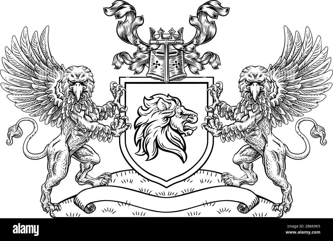 Wappen Crest Lion Griffin oder Griffon Shield Stock Vektor