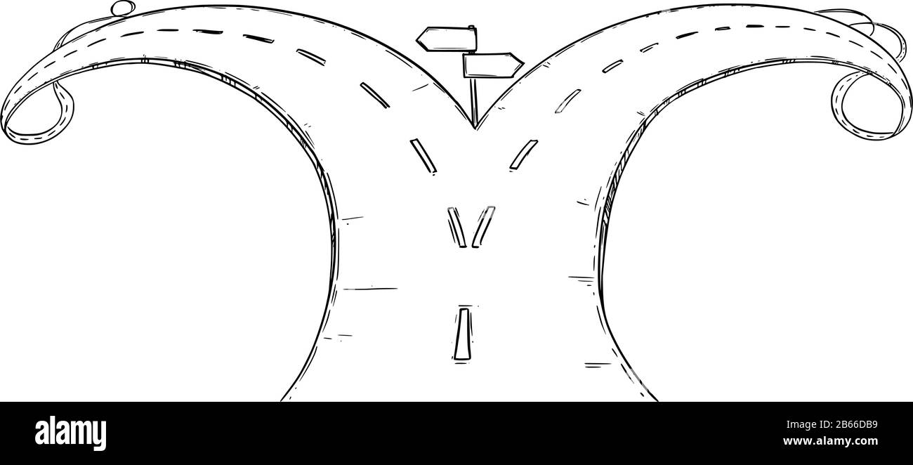 Vektor Schwarzweiß konzeptionelle Zeichnung oder Abbildung der Gabel auf der Straße oder im Querweg, Entscheidung treffen oder aus zwei Optionen wählen. Stock Vektor