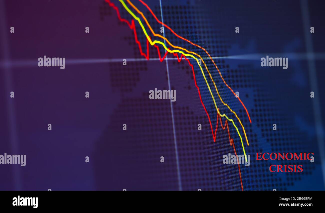 Elektronische Grafik der Börsenstandsschwankungen auf dem Bildschirm, Wirtschaftskrisenkonzept Stockfoto