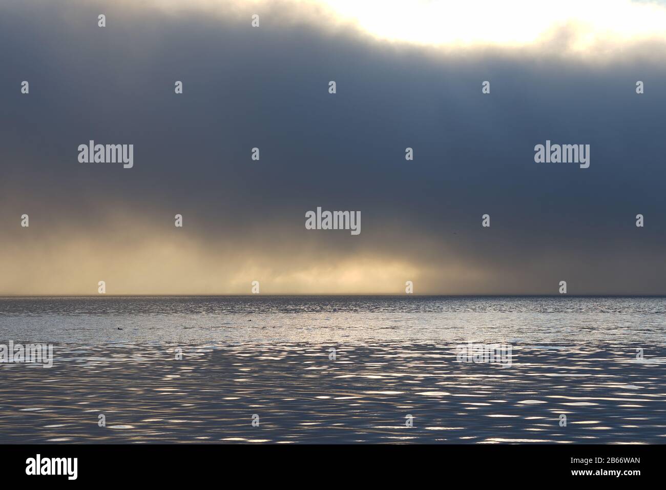 Starker Nebel, der in Drammen über dem Fjord hängt, während er sonnenbaden wird. Stockfoto