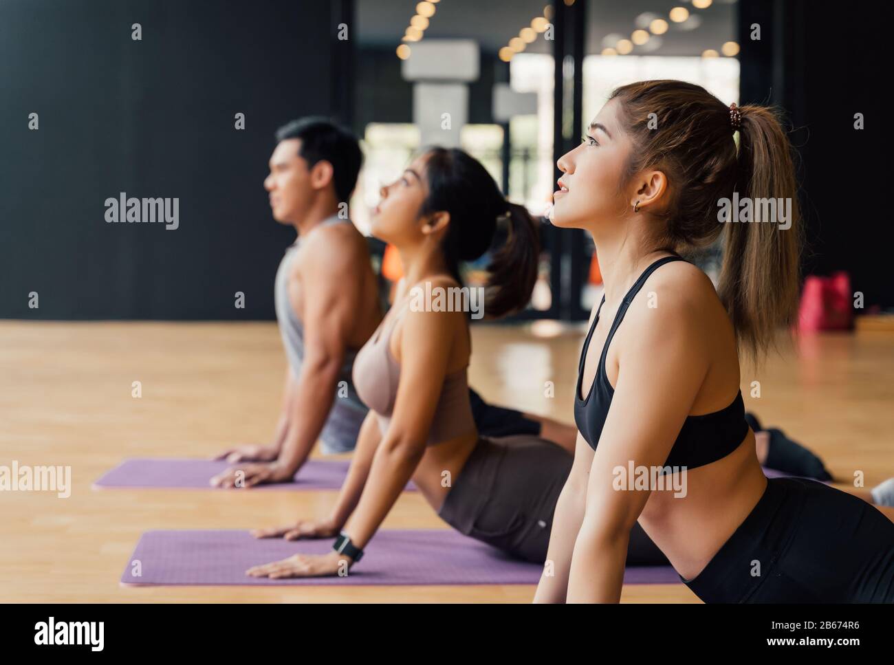 Eine Gruppe asiatischer Fitness-Leute, die Yoga mit nach oben gerichteter Hundehaltung auf Matten im Yoga-Studio machen. Junge Frauen und Männer trainieren im Fitnessstudio Stockfoto