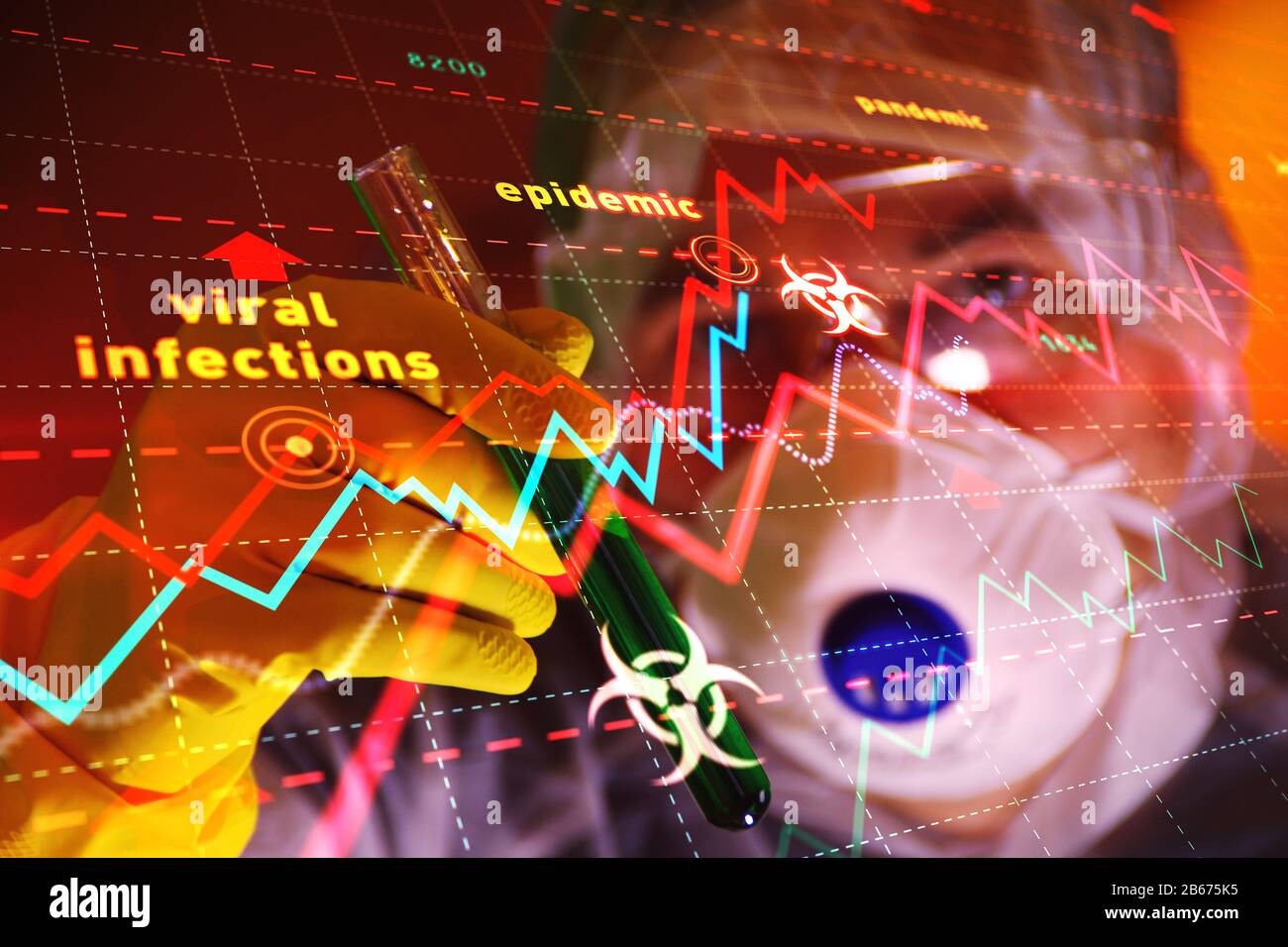 Diagramm mit Wissenschaftler in Maske und Brille mit Reagenzglas im Handschuh auf dem Hintergrund erhöhen. Konzept für Pandemiewachstum, Epidemie, Wissenschaft, Biologie, Medizin Stockfoto