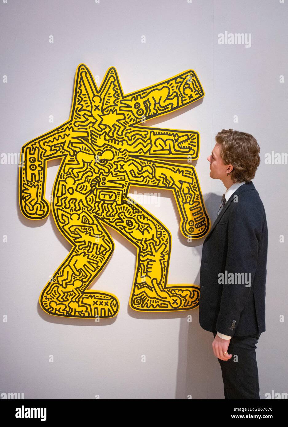 Bonhams, London, Großbritannien. März 2020. Zu den Top Losen im Verkauf von Post-war & Contemporary Art gehören Werke von Keith Haring, Christo, Soulages und Fontana. Bild: Keith Haring (Amerikaner, 1958-1990), Dog, 1986. Schätzung: 200.000-300.000 £. Kredit: Malcolm Park/Alamy Live News. Stockfoto