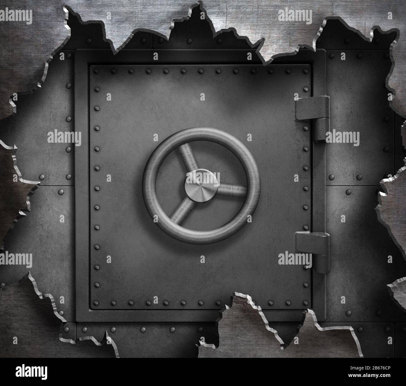 Sichere Tür in zerrissener 3D-Abbildung aus Metall Stockfoto