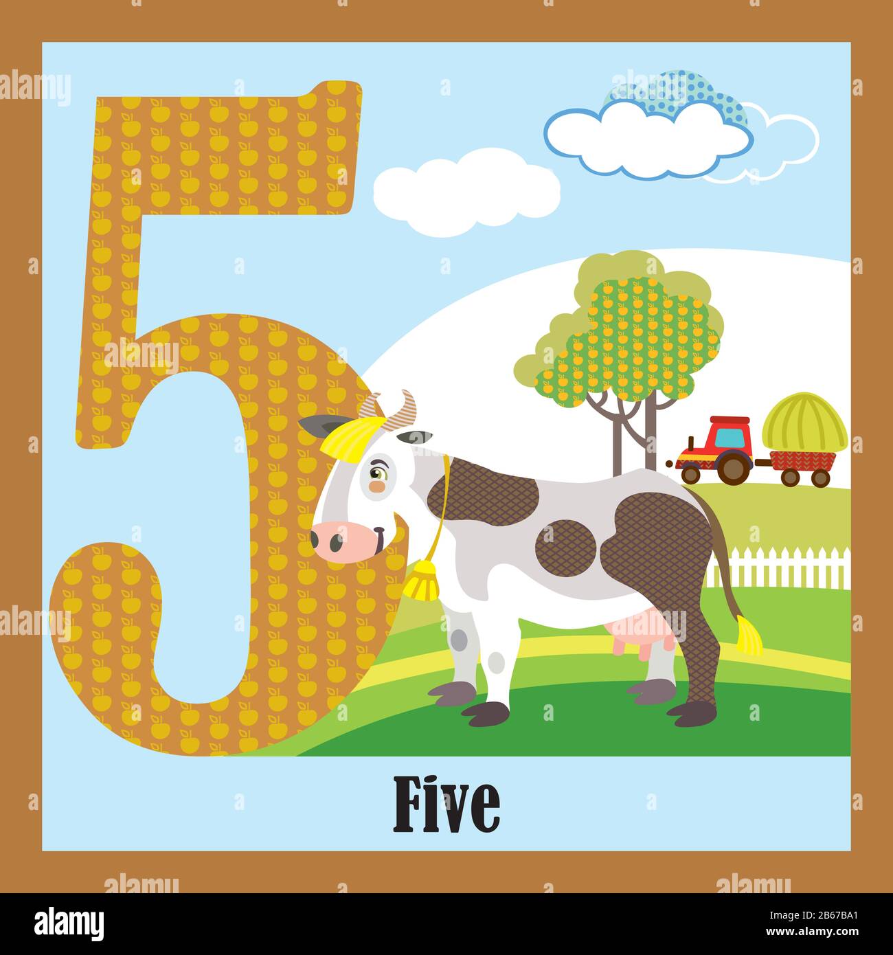 Vektor-Zeichentrickkarten mit Tiernummern, Nummer 5. Bunte Cartoon-Illustration von Nummer 5 und Kuh-Vektor-Charakter. Helle Farben Tierwelt im Zoo Stock Vektor