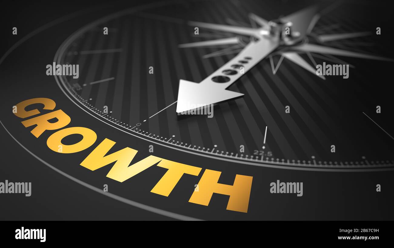 3D-Darstellung eines abstrakten Kompasses Über schwarzem Hintergrund mit Nadel, Die Den Text zeigt: Wachstum - Geschäftskonzept. Stockfoto