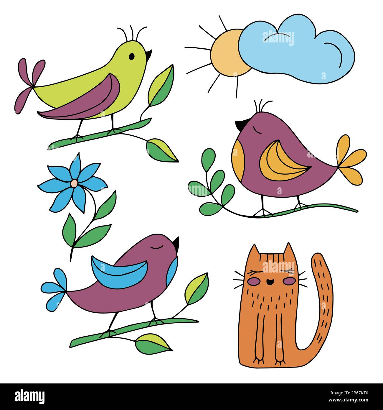 Set aus süßen Cartoon-Vögeln und Katzen auf weißem Hintergrund, farbenfrohes Bild in Vektorkunst und Doodle-Stil. Für die Gestaltung von Tapeten für Kinder Stock Vektor