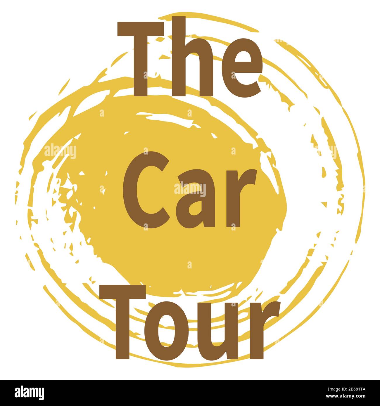 Gelber abstrakter Punkt in Form einer Spirale. Schriftzug - Die Auto-Tour. Text Nahaufnahme. Reisen mit dem Auto. Reisen Sie um die Welt. Planen Sie Ihren Sommerurlaub. Stock Vektor