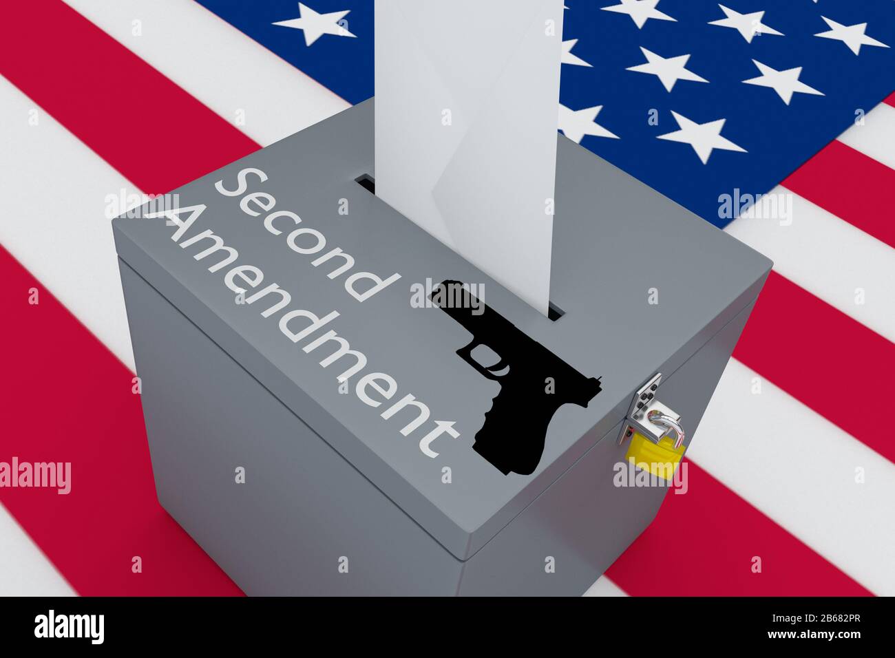 3D-Darstellung des Zweiten Änderungsskripts zusammen mit einer Waffensilhouette auf einer Wahlurne, mit US-Flagge als Hintergrund. Stockfoto