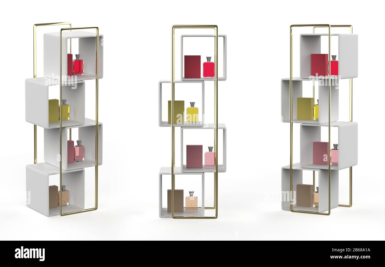 Display-Ständer, Einzelhandels-Standfuß für Produkt, Display steht isoliert auf weißem Hintergrund. 3D-Abbildung Stockfoto