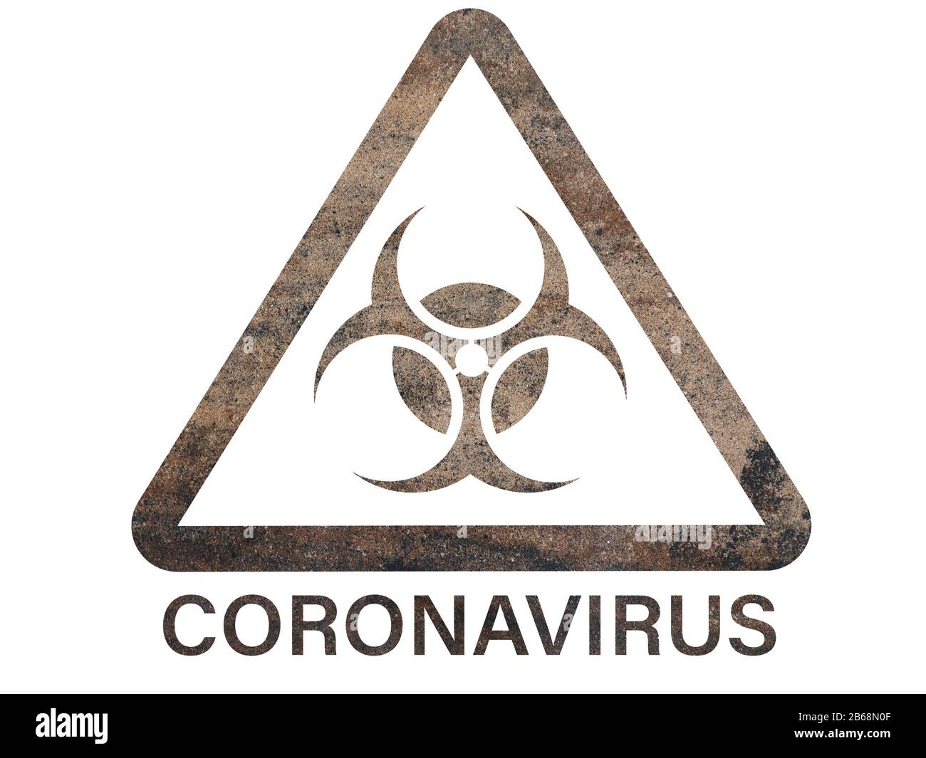 COVID-19-Warnschild für biologische Gefahrenstoffe auf einem verschwommenen Hintergrund der Gruppe von Menschen am öffentlichen Ort Stockfoto