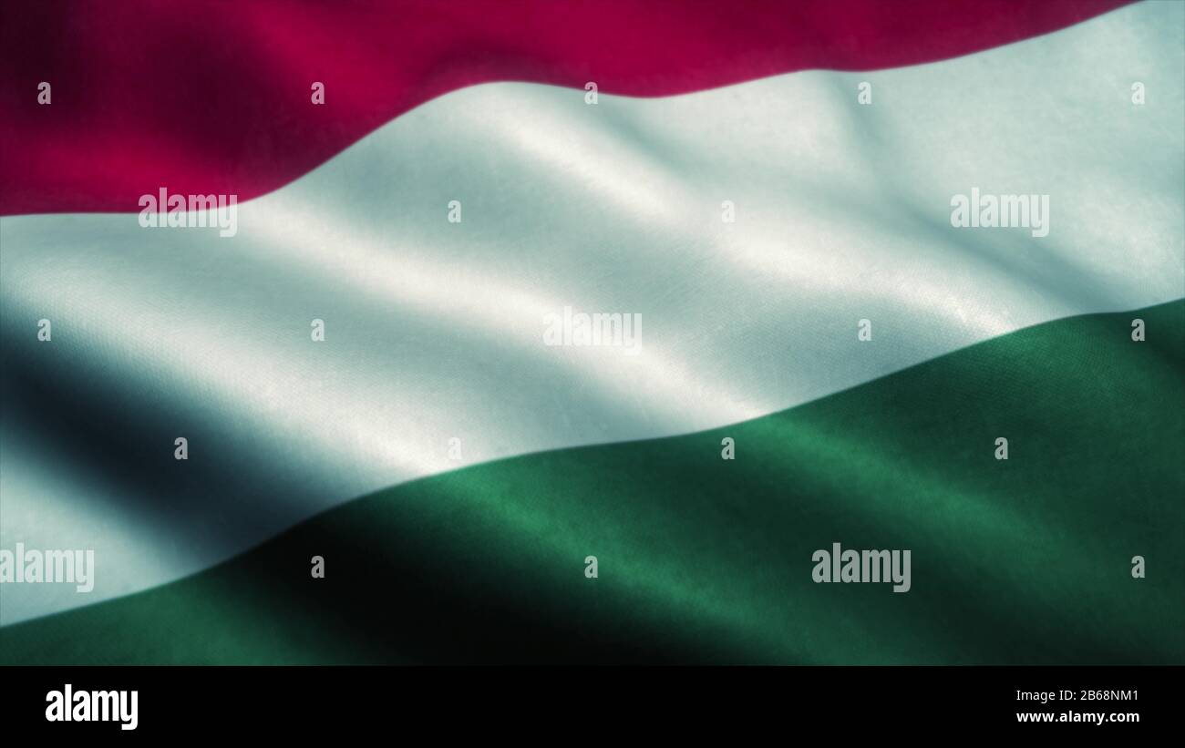 Ungarische Flagge winkt im Wind. Nationalflaggen Ungarns. Zeichen von Ungarn. 3D-Rendering. Stockfoto