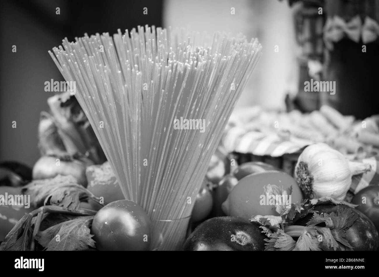 Blick auf frische italienische Pasta aus der Nähe Stockfoto