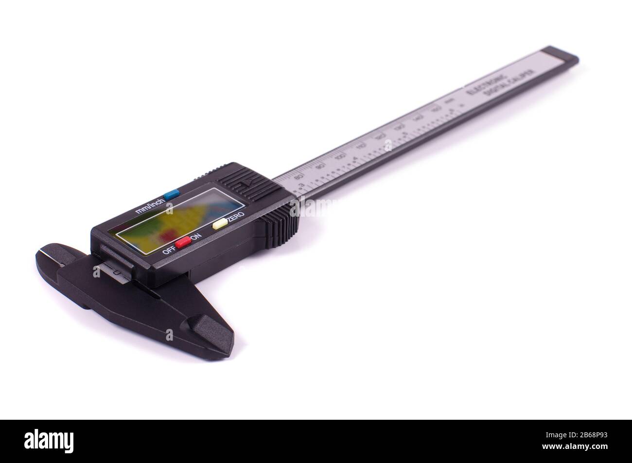 Präzises Messwerkzeug Kohlefaser Bremssattel isoliert Stockfoto