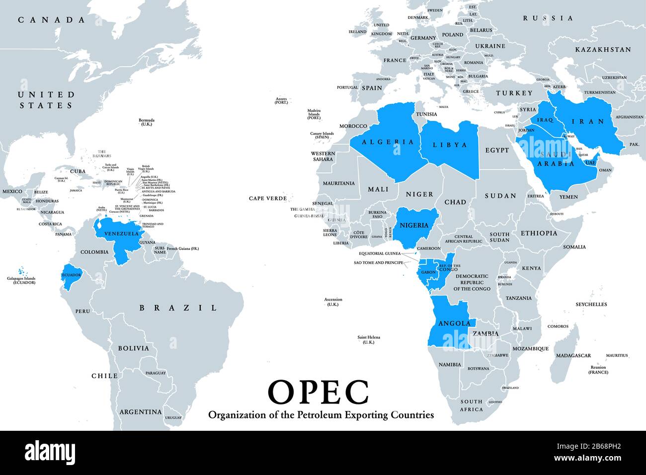 OPEC-Mitgliedsstaaten, politische Karte, englische Kennzeichnung. Organisation der Erdölexportierenden Länder, Organisation von 14 Nationen. Stockfoto