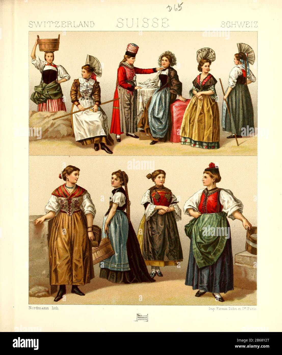 Mode, Trachten, Kleidung in der Schweiz in der Mitte des 19. Jahrhunderts,  von links, Bäuerin aus dem Kanton Unterwalden, dann älter Kostüm aus dem  Kanton Schwyz, Kostüm einer verheirateten Frau aus dem