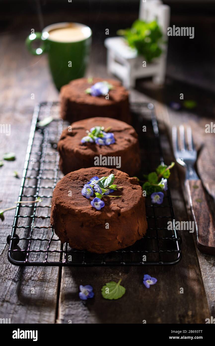 Schokoladenkuchen mit Kakao. Dessert mit Blumen dekoriert. Osterfrühstück mit Kaffee. Köstliche Speisen. Stockfoto