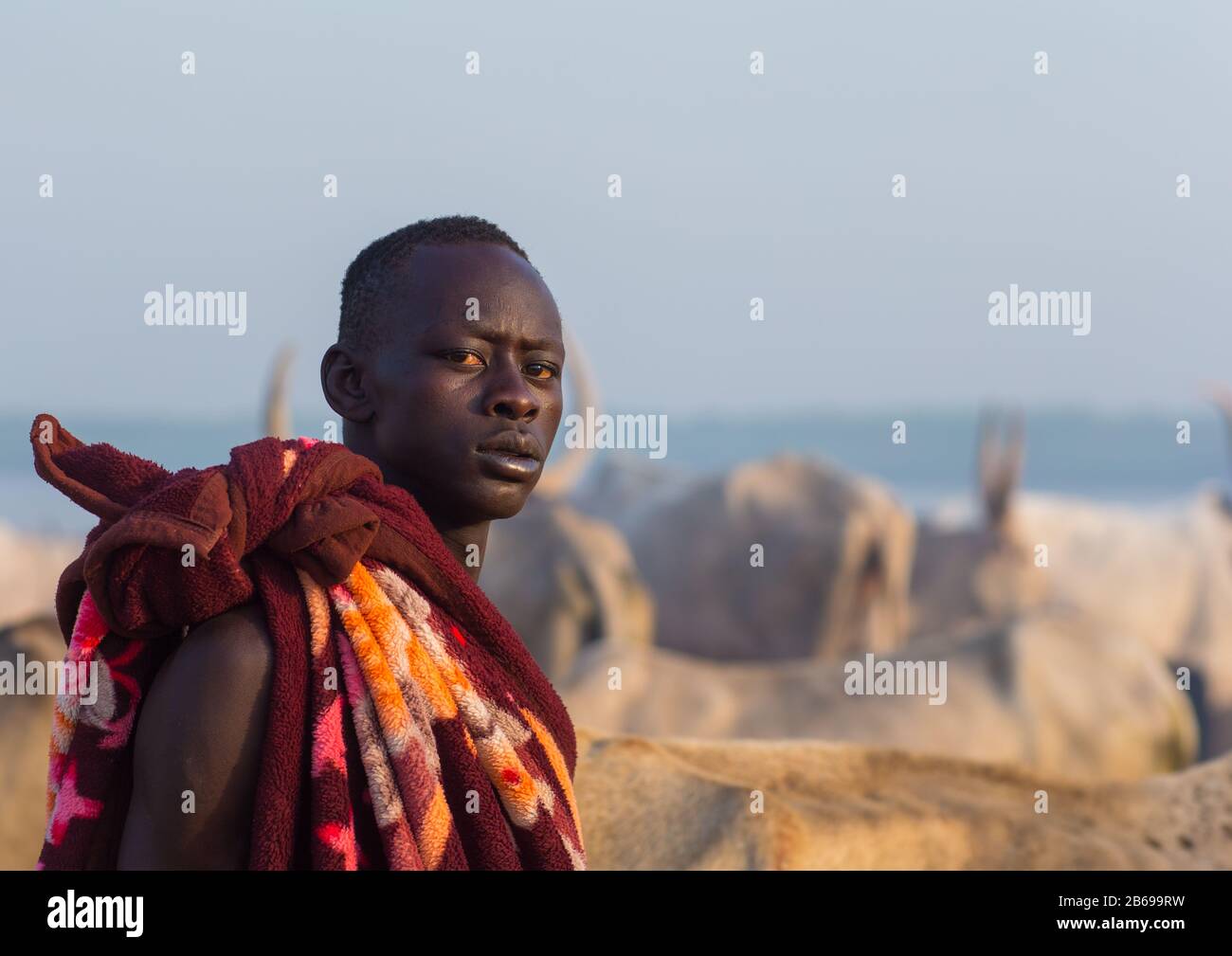 Mundari Stammmann in einem Viehlager, Central Equatoria, Terekeka, Südsudan Stockfoto