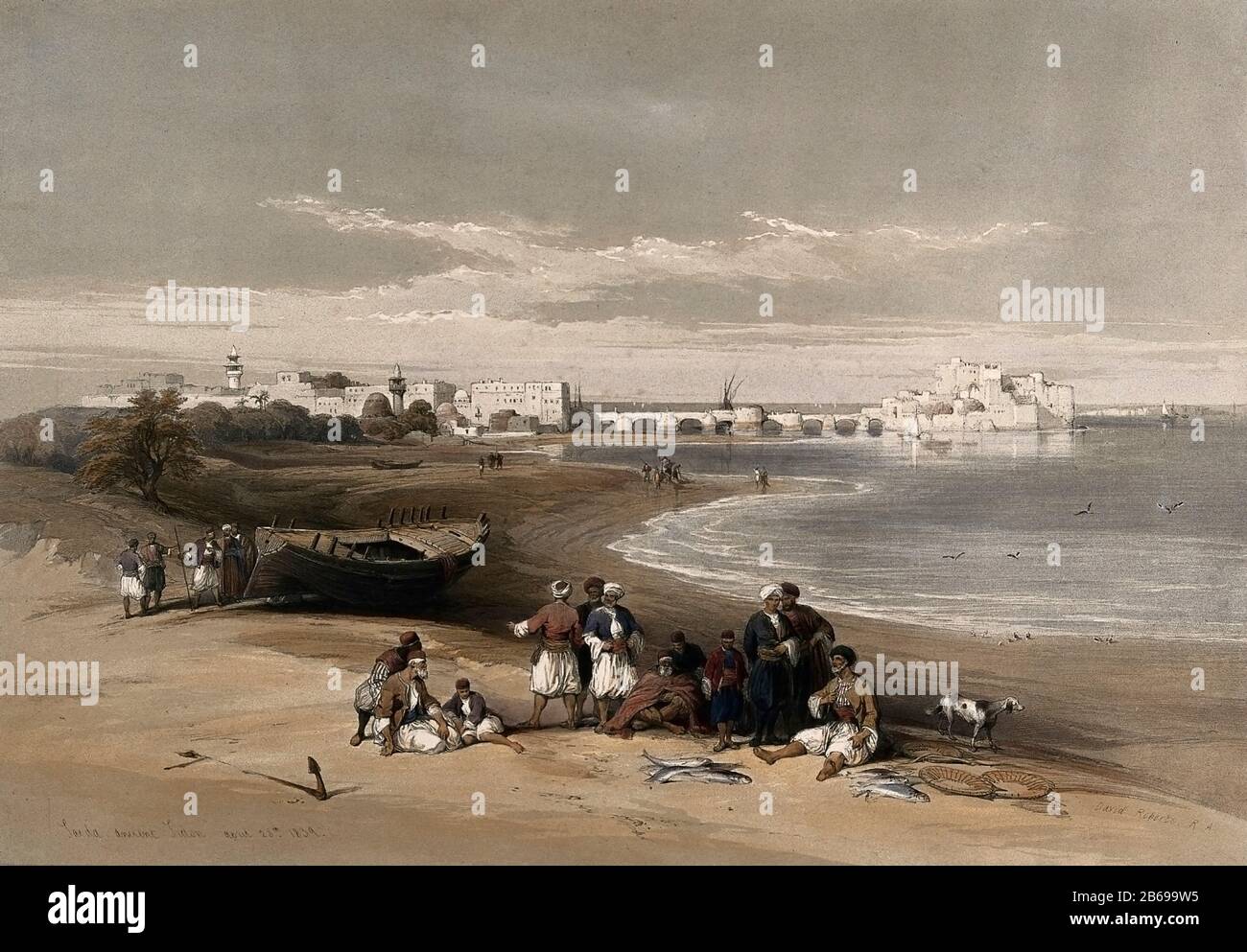 Sidon, mit Fischern und anderen Figuren im Vordergrund. Farblithograph von Louis Haghe nach David Roberts, 1973. Stockfoto
