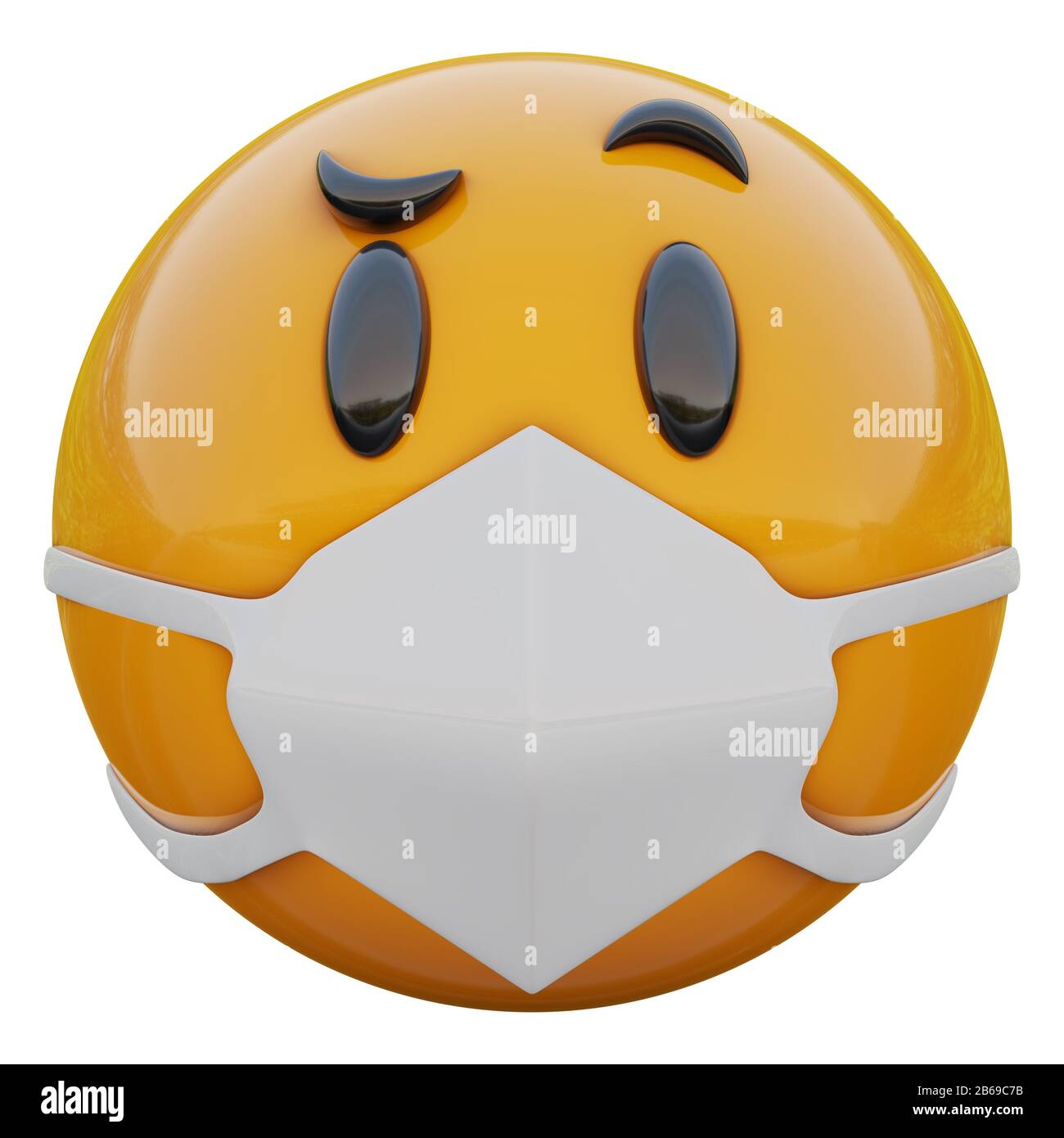 3D-Darstellung Verdächtiger gelber Emoji-Gesichter in medizinischer Maske zum Schutz vor Coronavirus 2019-nCoV, MERS-nCoV, sars, Vogelgrippe und anderen Viren Stockfoto