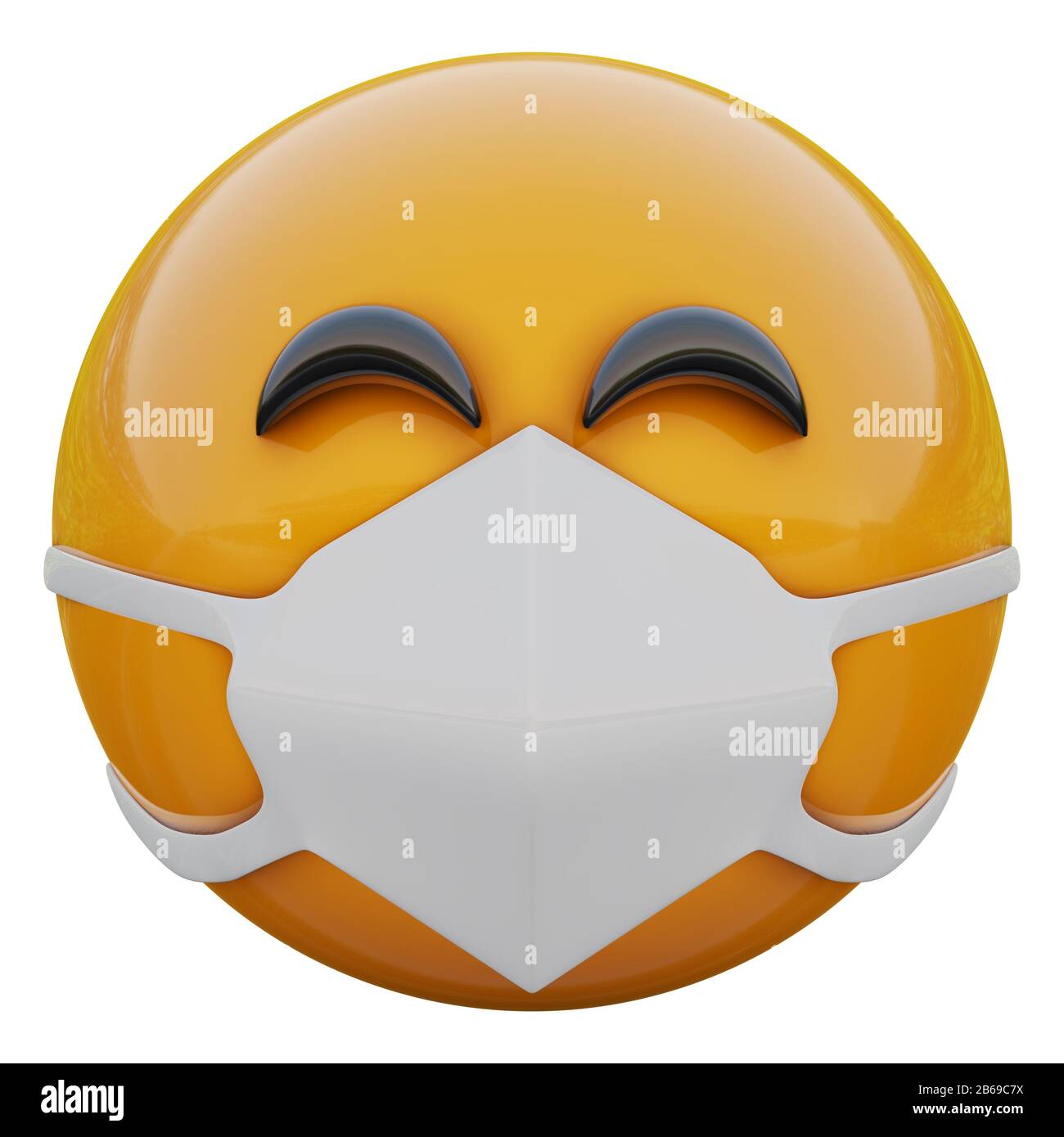 3D-Darstellung des fröhlichen und frohen gelben Emoji-Gesichts in der medizinischen Maske zum Schutz vor Coronavirus 2019-nCoV, MERS-nCoV, sars, Vogelgrippe und anderen Viren, Keim Stockfoto