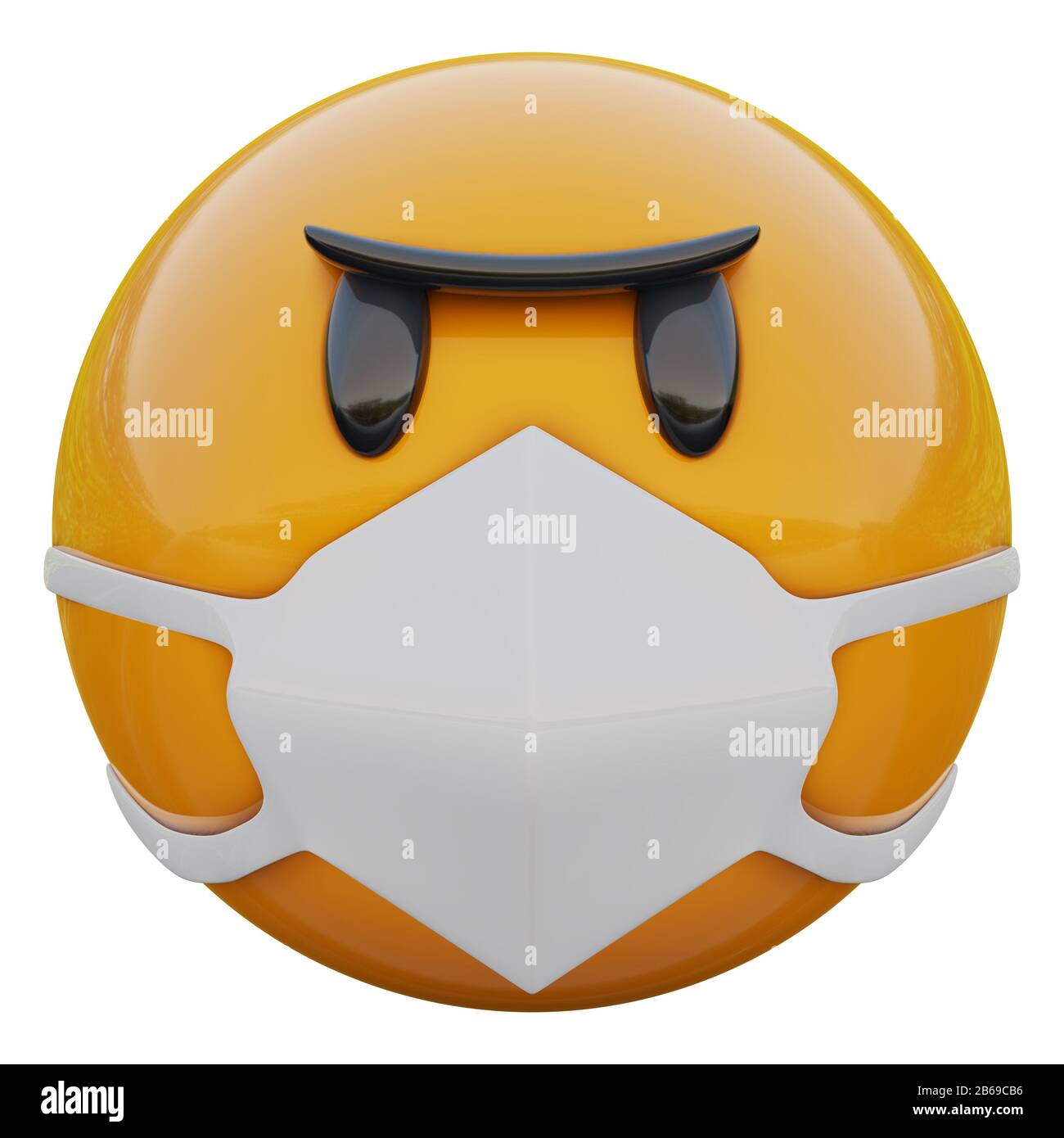 3D-Darstellung des wütenden gelben Emoji-Gesichts in der medizinischen Maske zum Schutz vor Coronavirus 2019-nCoV, MERS-nCoV, sars, Vogelgrippe und anderen Viren, Keimen und Bac Stockfoto