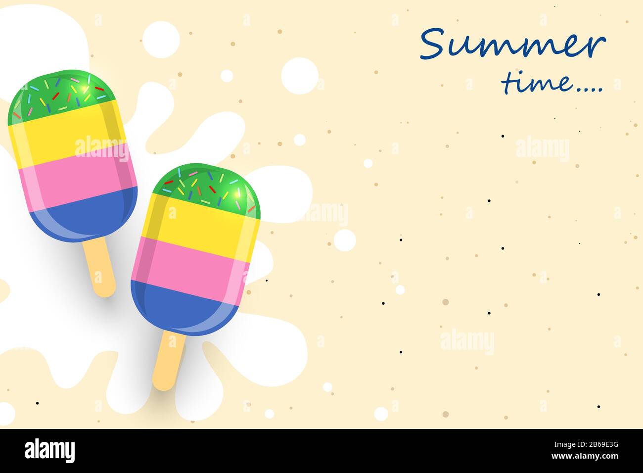 Sommerferienkonzept, Hintergrund Sommerzeit. Buntes Eis auf dem Boden, auf dem Spritzwasser im braunen Hintergrund. Stock Vektor