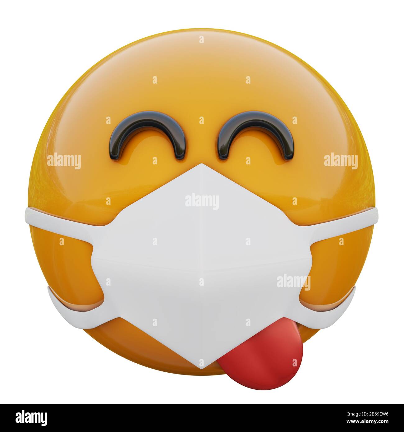 3D-Darstellung von erfülltem gelbem Emoji-Gesicht in medizinischer Maske zum Schutz vor Coronavirus 2019-nCoV, MERS-nCoV, sars, Vogelgrippe und anderen Viren, Keimen und Stockfoto