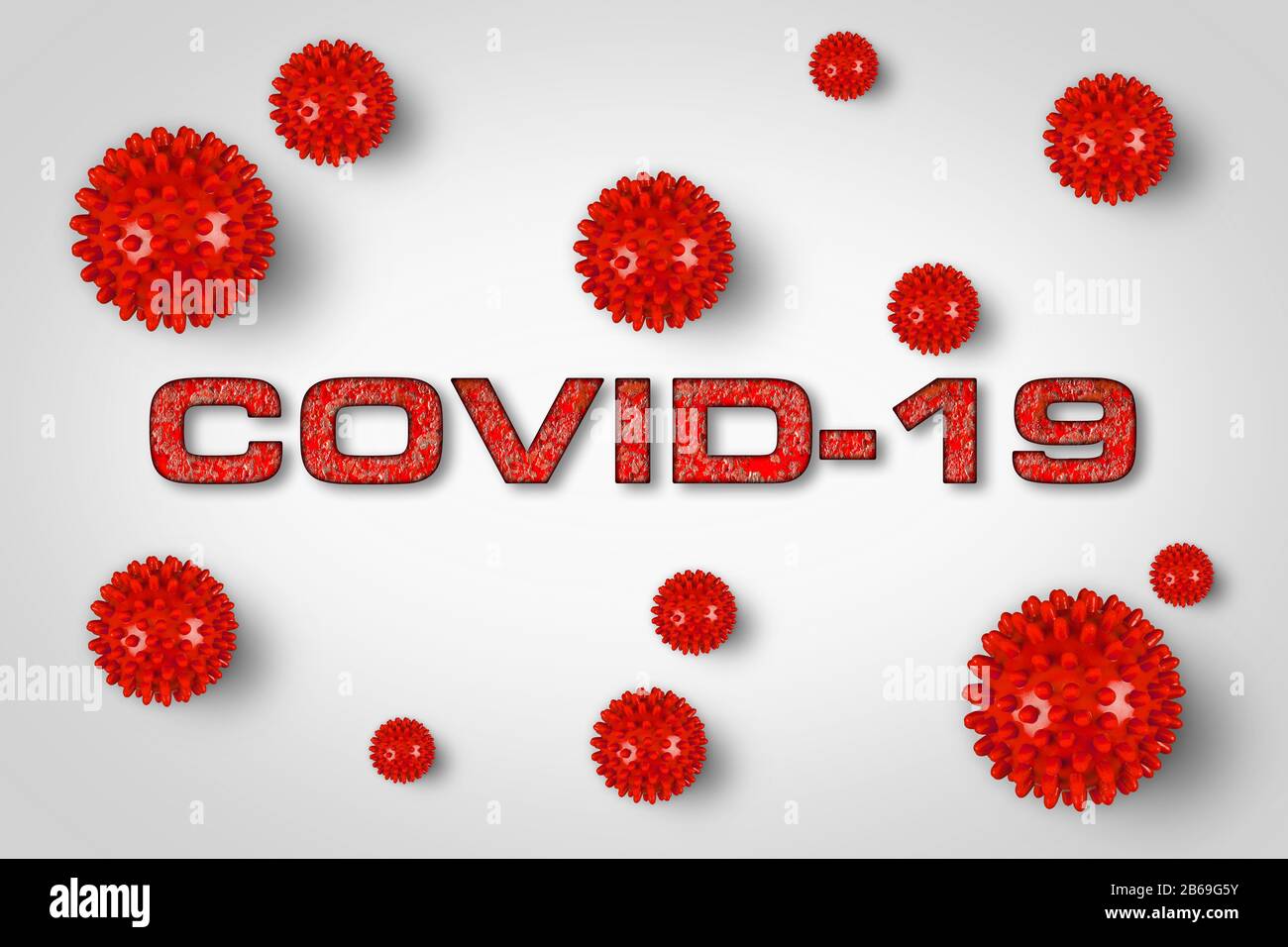 Covid-19 roter Schriftzug mit Corona-Virus auf hellem hellgrauem Hintergrund. Cornavirus globales Konzept für pandemische Epidemieepidemien. Stockfoto