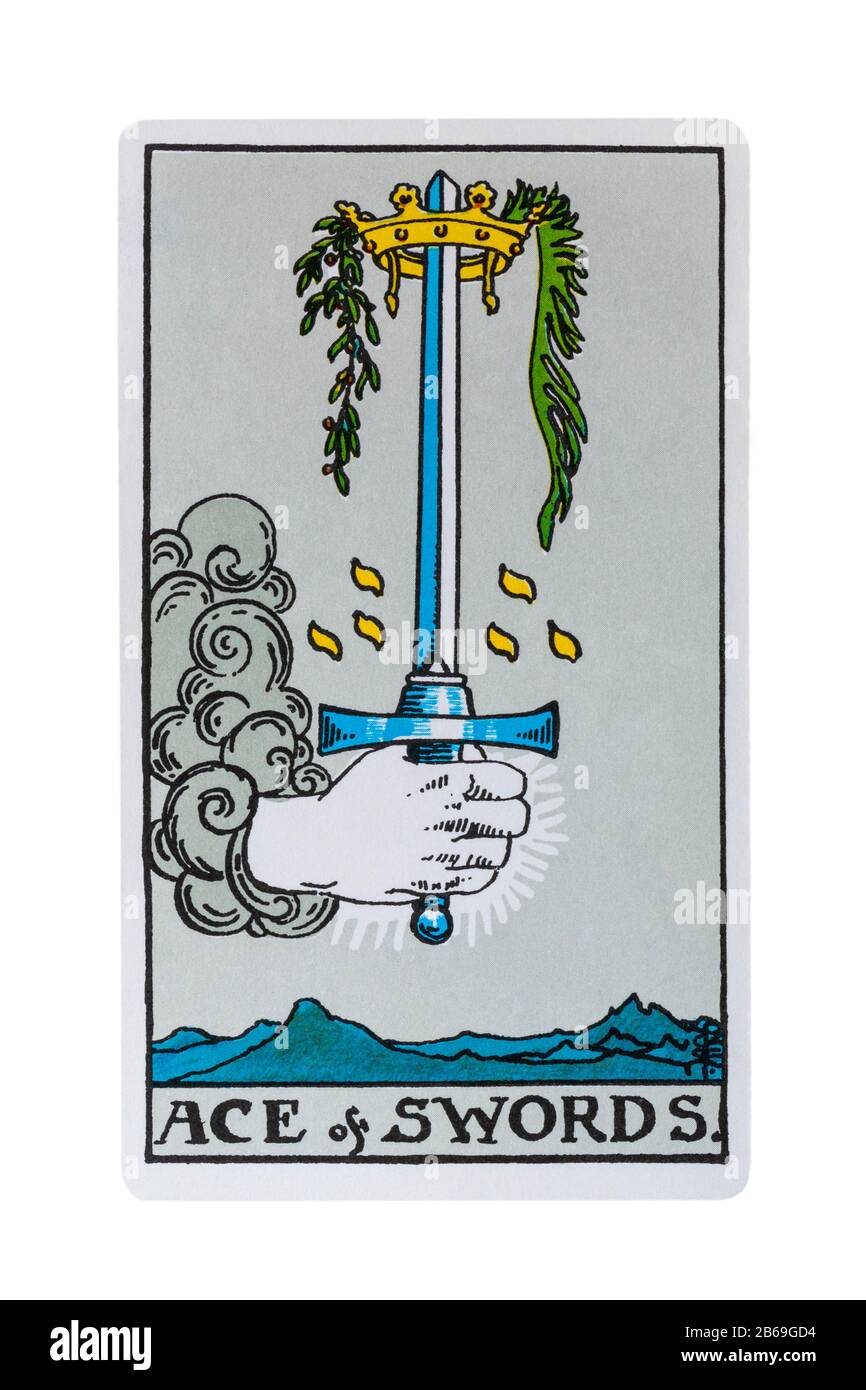 ACE of Swords Tarot Card aus den Rider Tarot Cards, die von Pamela Colman Smith unter Aufsicht von Arthur Edward Waite entworfen wurden, isoliert auf Weiß Stockfoto