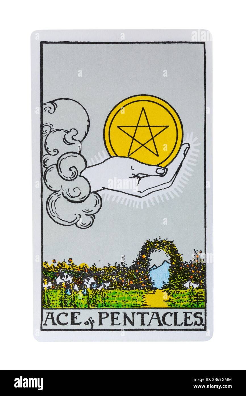 ACE of Pentacles Tarot Card von The Rider Tarot Cards, entworfen von Pamela Colman Smith unter Aufsicht von Arthur Edward Waite isoliert auf Weiß Stockfoto