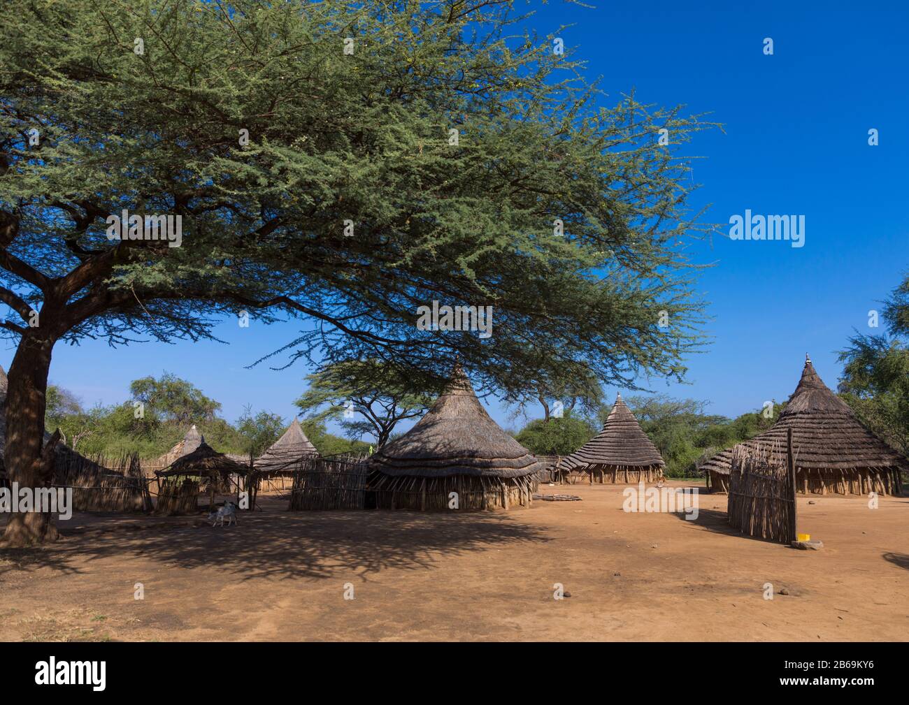 Larim Stamm traditionelles Dorf, Boya Berge, Imatong, South Sudan Stockfoto