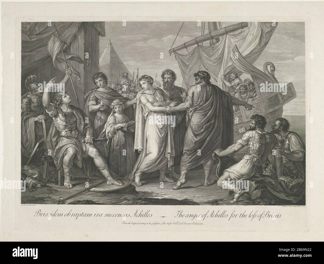 Griechische Soldaten, die Briseis, den Sklaven von Achilles, mit dem griechischen Befehlshaber Agamemnon einnehmen. Verließ den wütenden Achilles und Stuhl eines Armeelegs. Im Hintergrund ein Schiff mit griechischen soldaten. Hersteller: Druckmaschine: Domenico Cunego (Listed Property) zum Malen: Gavin Hamilton (Listed Property) Herstellung: Rome Datum: 609 Physikalische Merkmale: Ätz- und Engra-Material: Papiertechnik: Ätzung / Engra-Abmessungen (Druckverfahren): Plattenkante: H 455 mm × W 622 mm Stockfoto