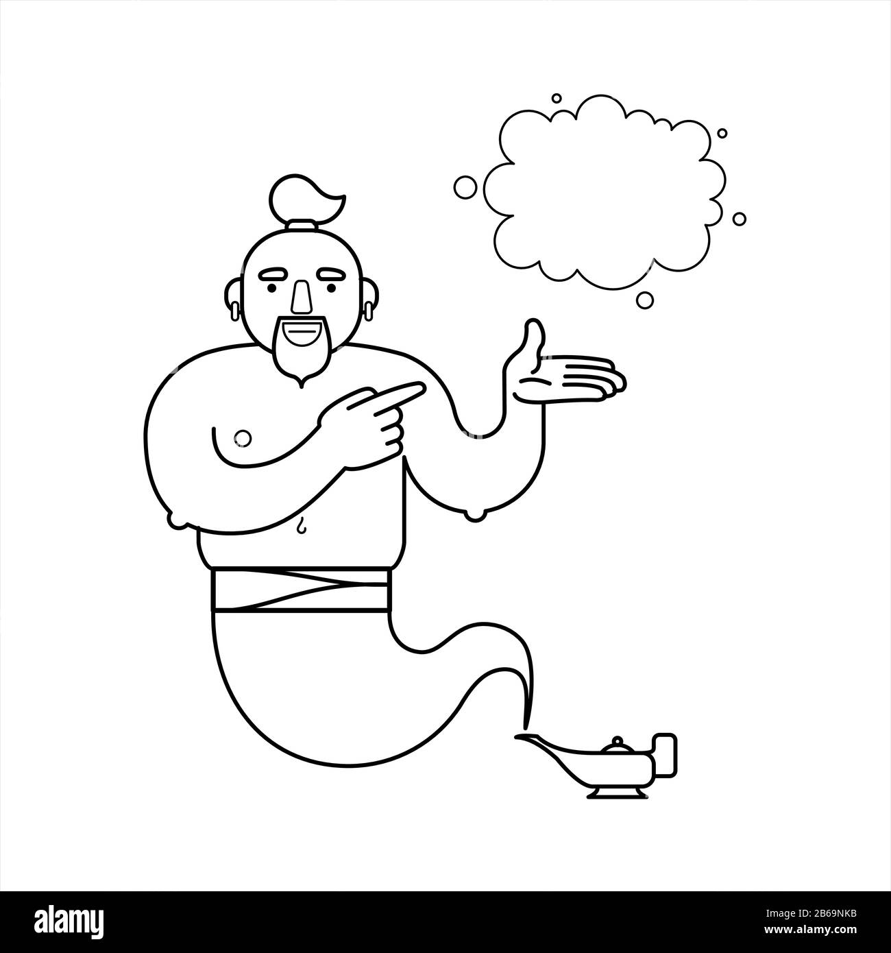 Umriss, Konturgenie aus einer Lampe, Zeichentrickfigur. Zum Einfärben von Buchseiten. Die Genie wird drei beliebige Wünsche erfüllen. Zeichnen Sie einen Wunsch. Platz zum Zeichnen Stock Vektor