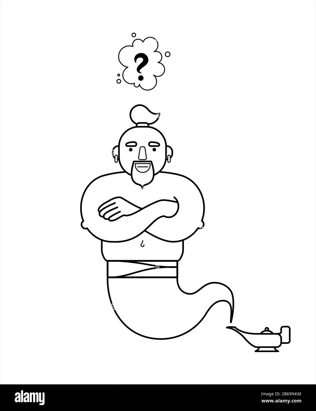 Umriss, Konturgenie aus einer Lampe, Zeichentrickfigur. Zum Einfärben von Buchseiten. Die Genie wird drei beliebige Wünsche erfüllen. Welchen Wunsch haben Sie? Quest Stock Vektor