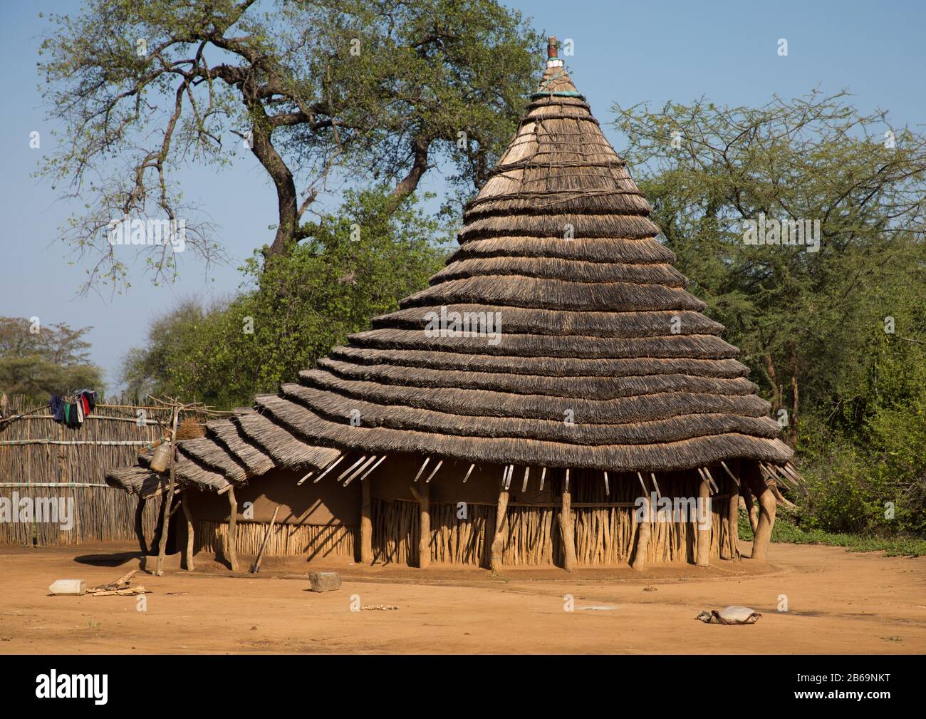 Traditionelles Haus aus Larim Stamm mit Reetdach, Boya Mountains, Imatong, Südsudan Stockfoto
