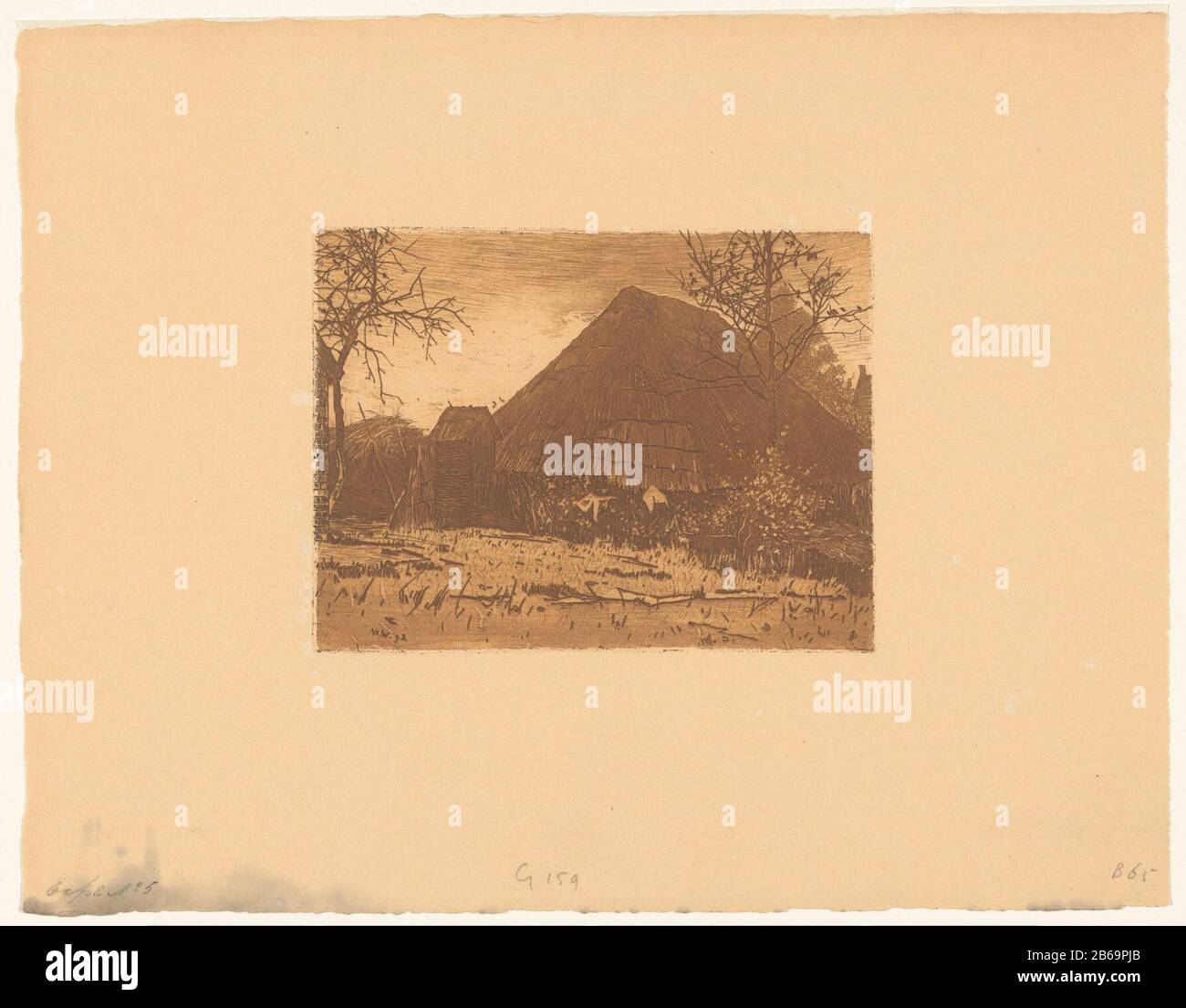 Rückseite einer Scheune in brabantisch Rückseite einer Scheune in brabantisch Objektart: Bild Artikelnummer: RP-P-ob-25.624Catalogusreferentie: De Groot (Witsen) 76 Aufschriften/Marken: Wasserzeichenhersteller: Druckerhersteller Willem Witsen (denkmalgeschütztes Gebäude) Vom: 1892 Physische Merkmale: Ätzung und Plattenton in braunem Material: Papiertechnik: Ätzung / Tonmessung Platte: Plattenkante: H 119 mm × W 157 mm Betreff: Scheune Stockfoto
