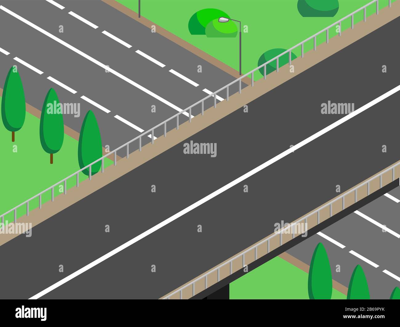 Isometrische Stadtbrücke; 3D-Route im Querformat; Vektorbild der Straße. Verkehrsstraße, Straße, Viadukt oder Schnellfahrstrecke, Überführung, Verkehr überschneidende Strecke Stock Vektor