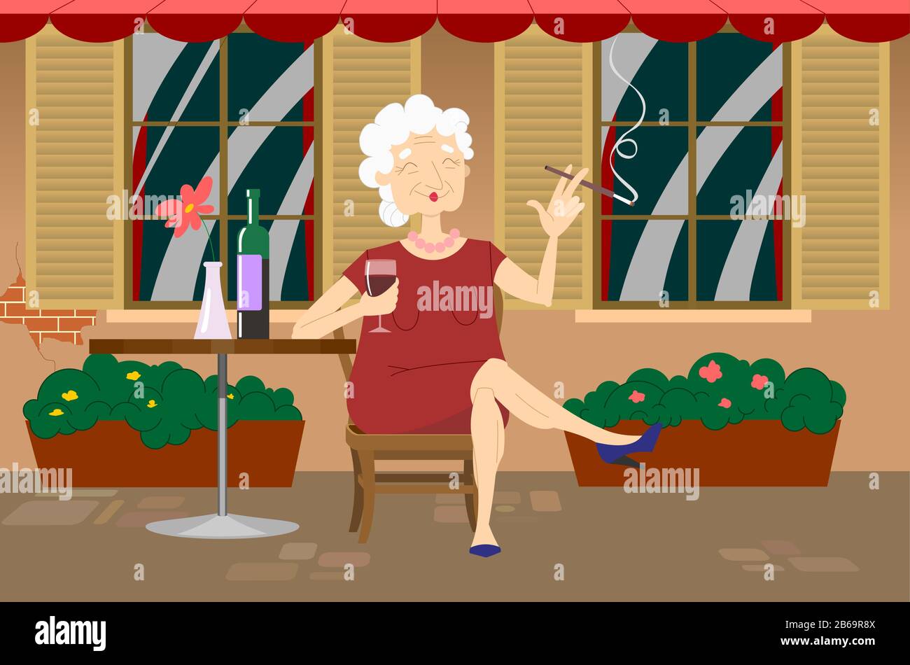 Ungesundes Lifestyle-Konzept. Eine ältere Frau trinkt Wein und raucht in einem französischen Straßencafé. Alter träumt. Das Leben ist ein Erfolg. Ruhendes reiches Pension Stock Vektor