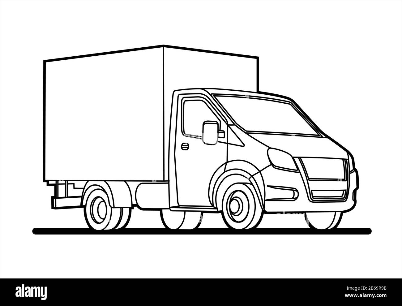 Vector Outline Lorry; isoliert auf weißem Hintergrund; Dreiviertelansicht; Autoschablone für Werbung; Kleinlaster; zum Färben von Buchseiten Stock Vektor