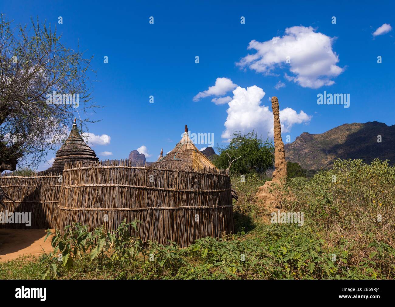 Häuser in einem traditionellen Dorf des Larimstamms, Boya Mountains, Imatong, Südsudan Stockfoto