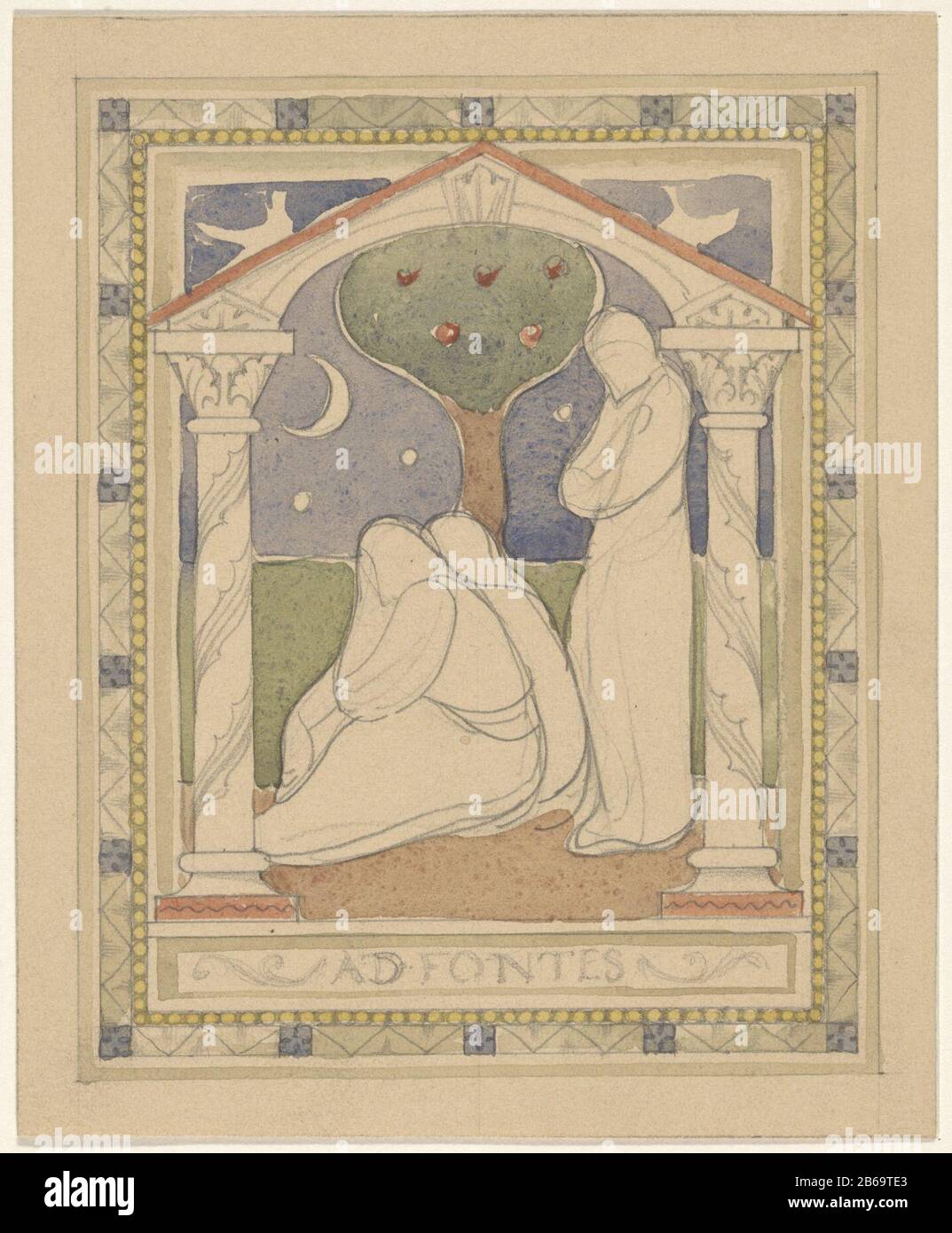 Ad Fontes Design für Glasgemälde im Gehäuse der S. Swart und Em. Von Kerckhoff Laren: Ad Fontes. Hersteller: Künstler: Antéon Derk Inder Vom: 1869 - 1925 Physikalische Merkmale: Bleistift, Pinsel in Farben in Aquarellmaterialien: Bleistift Aquarell Technik: Bürstenabmessungen: H 152 mm × W 125 mm Stockfoto