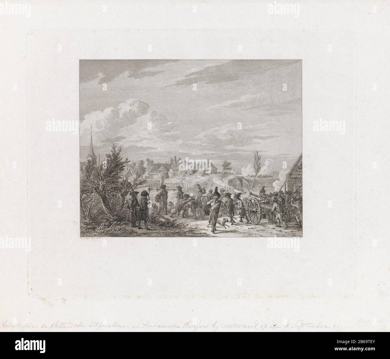 Aktion in Westervoort, 1799 Treffen zwischen einer Gruppe Orangisten-Kugeltypen und lokalen Batavischen Milizen in Westervoort Brug in Arnheim, 4. september 1799. Hersteller: Druckmaschine: Reinier Vinkeles (I) (denkmalgeschütztes Gebäude) in Zeichnung: Dirk Langendijk (denkmalgeschütztes Objekt) Herstellung: Niederlande Datum: 1800 - 1802 Physikalische Eigenschaften: Ätzung und Engras, Testdruck vor dem Briefmaterial: Papiertechnik: Ätzung / Engras (Druckverfahren) Messungen: Plattenkante: H 225 mm × W 276 mmToelichtingGebruikt als Abbildung in: LC Spark. Geschichte der Landung der anglorussischen Armee in Stockfoto