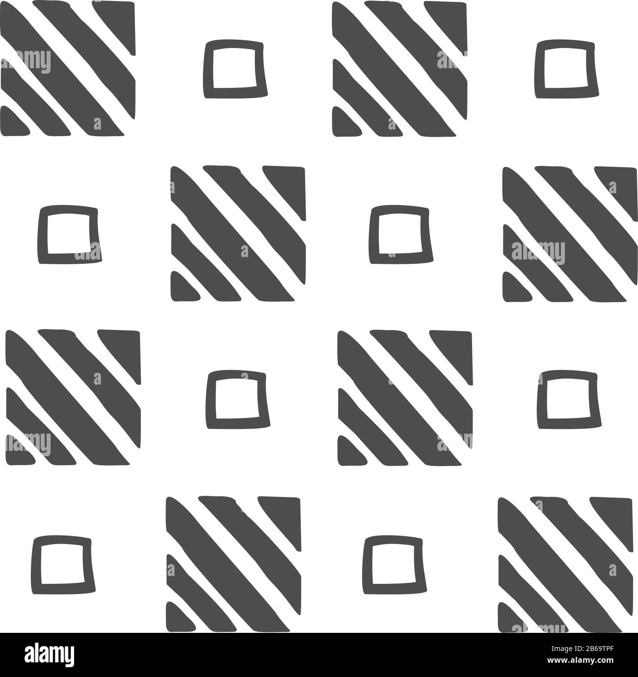 Vektor nahtloses, schwarz-weißes geometrisches Muster handgezeichneter Quadrate und diagonaler Streifen, Linien. Schwarzes Muster auf weißem Hintergrund. Für die Einrichtung, d Stock Vektor