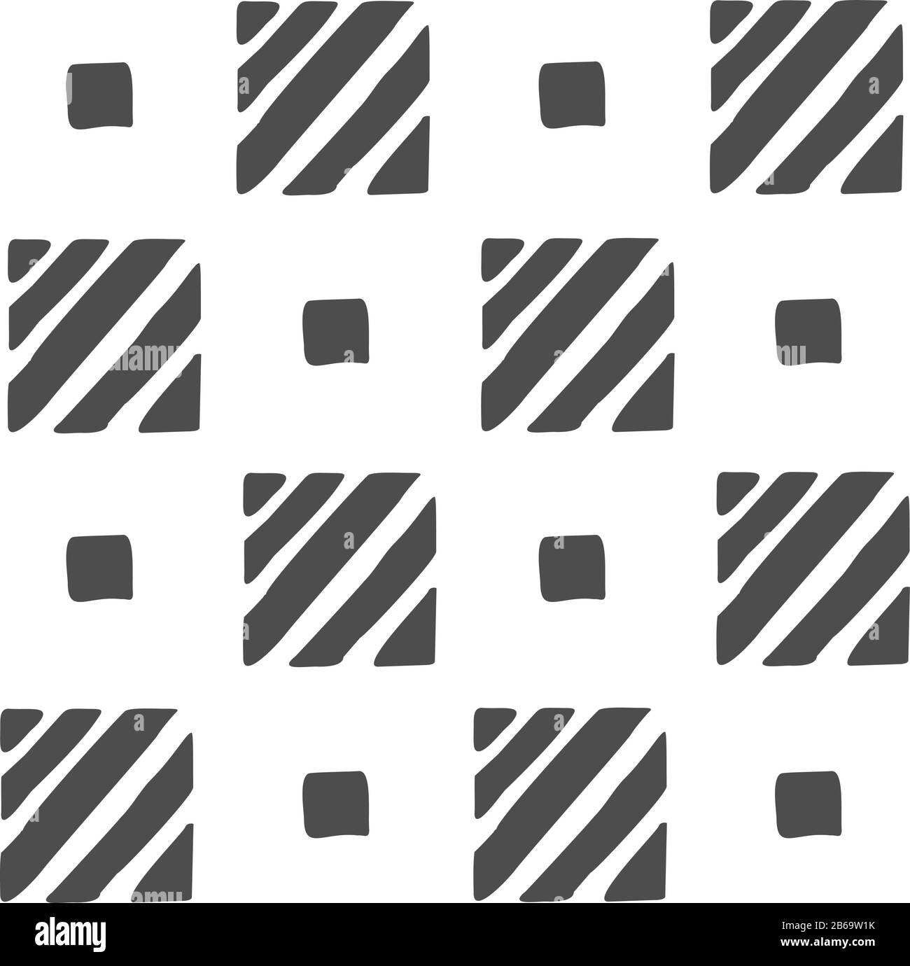 Vektor nahtloses, schwarz-weißes geometrisches Muster handgezeichneter Quadrate und diagonaler Streifen, Linien. Schwarzes Muster auf weißem Hintergrund. Für die Einrichtung, d Stock Vektor
