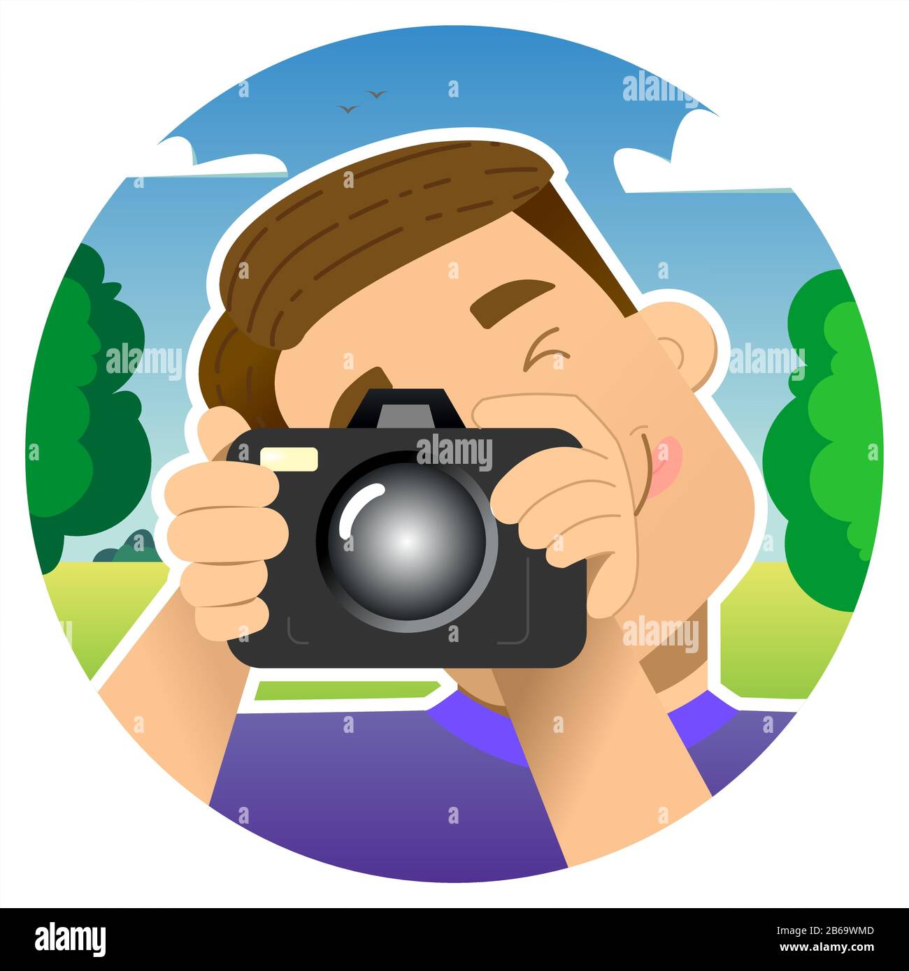 Tourist, Reisender, Blogger; lächelnder Kerl mit einer Kamera auf der Natur, auf einem Picknick, im Park; Fotos, indem er ein Auge schließt und seine Zunge herausragt Stock Vektor