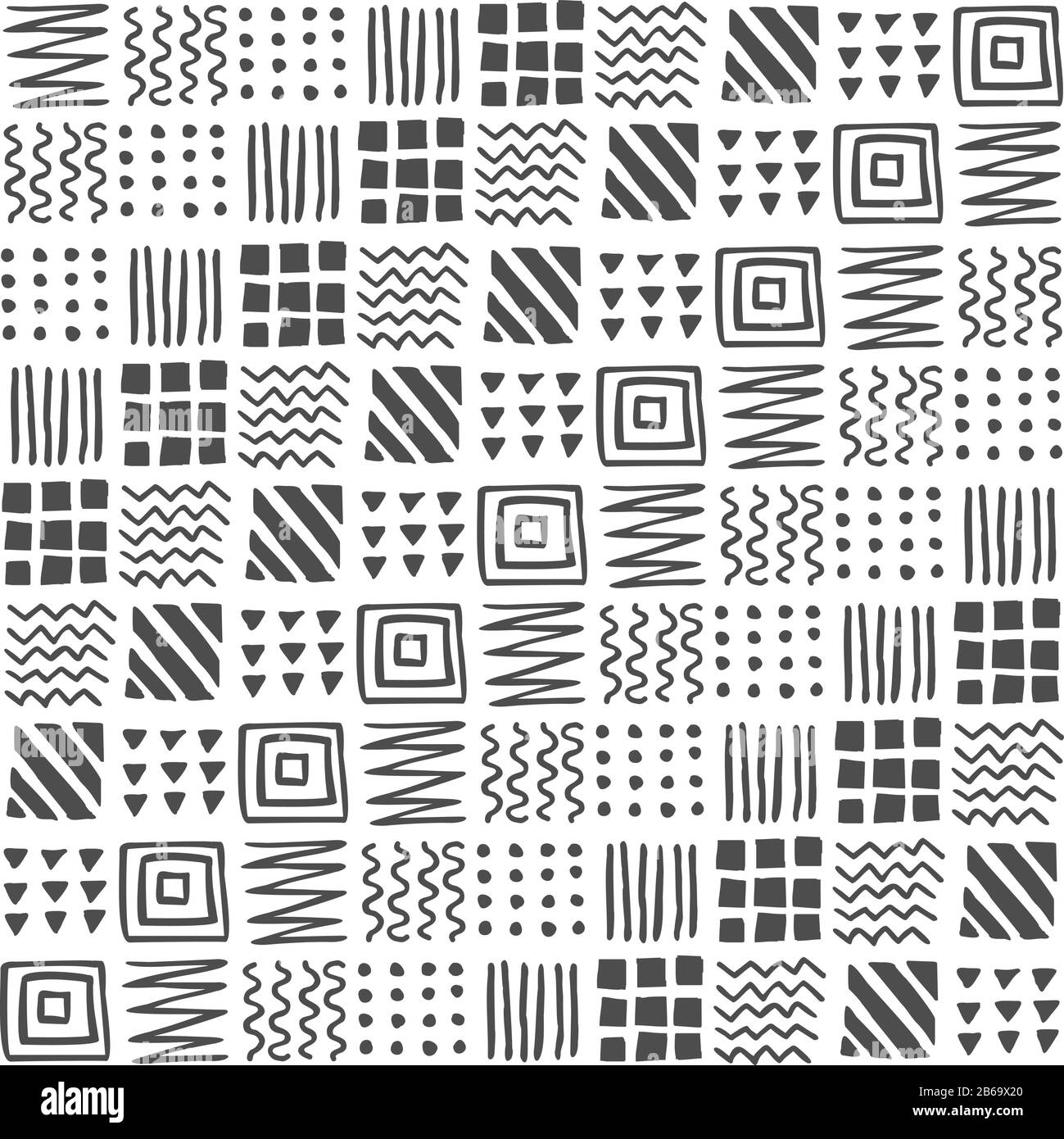 Vektor nahtloses geometrisches Muster aus Quadraten, Streifen, Linien, Wellen, Dreiecken, Punkten, Zickzacken, handgezeichnet. Ethnisches dunkelgraues Muster auf einem weißen Backgrot Stock Vektor
