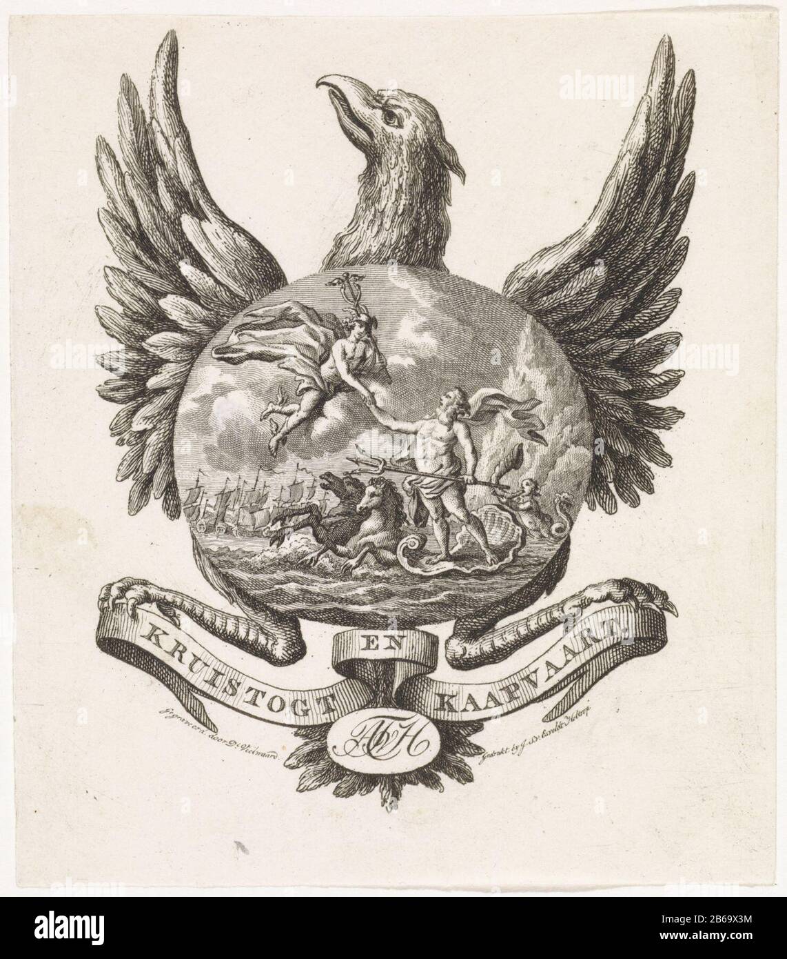 Adler mit dem Bild von Neptun und Merkur Kreuztogt und Privateering (Titelobjekt) ein Adler, der ein festes Bild von Neptun und Merkur hält, schüttelt die Hände. Unter einem Band und unter den Buchstaben AJvH. Hersteller : Druckerhersteller Daniel Lose Wo: D (I) (denkmalgeschütztes Gebäude) Drucker: Jan Steven van Esveldt Holtrop (denkmalgeschütztes Eigentum) Ort Herstellung: Amsterdam Datum: 1776 - 1851 Physikalische Merkmale: Ätzungs- und Engra-Material: Papiertechnik: Ätzung/Engra-Messungen (Druckverfahren) Maße: Blatt: H 129 mm × W 114 mm Betreff: Raubvögel: Adler (+ Tiere symbolisch verwendet) (Geschichte von) Merkur (Sie Stockfoto