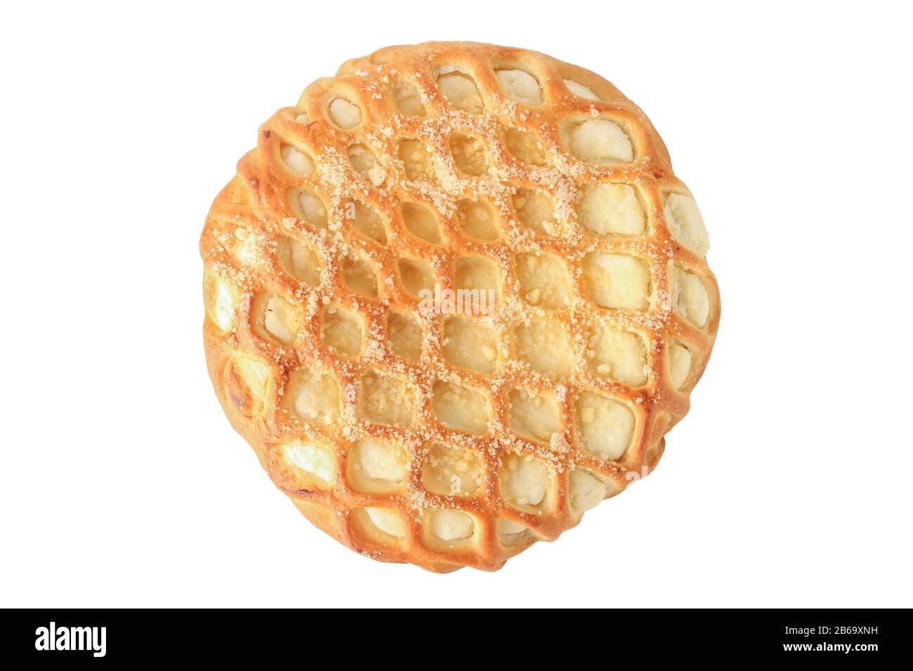Käsekuchen mit auf Weiß isoliertem Hüttenkäse Stockfoto